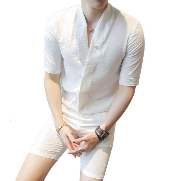 

loldeal white men set v shape causual men set shirt and short pant blind placket summer shirt half short pantaloni tuta uom, Gray