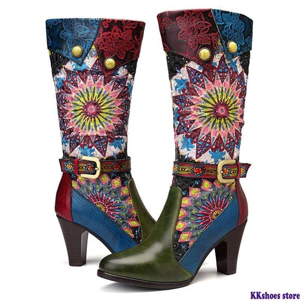 

ретро bohemian середины икры сапоги женская обувь женщина из натуральной кожи пастушка boots vintage zipper block high heels 2020, Black