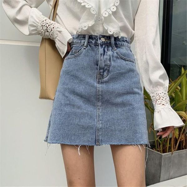 

high waist denim skirts women korea summer casual blue pencil pockets button streetwear mini jeans skirt faldas, Black