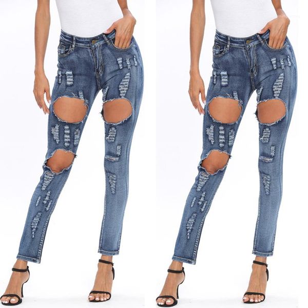 

hole vintage blue jeans woman summer high waist light washed pencil pants women fashion slim trousers womens