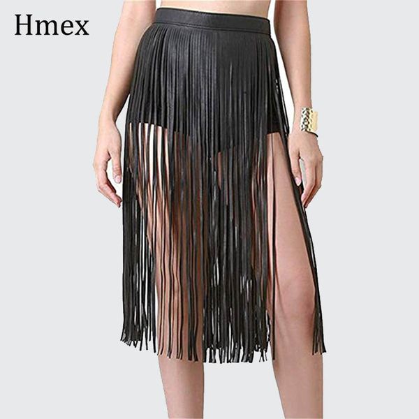 

boho women tassel leather skirts punk gothic waistband long fringe black high waist belt club party skirt, Black;brown