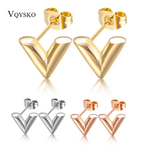 

new arrivals exquisite stereoscopic v pattern stud earrings for women man titanium steel earrings piercing jewelry, Golden;silver