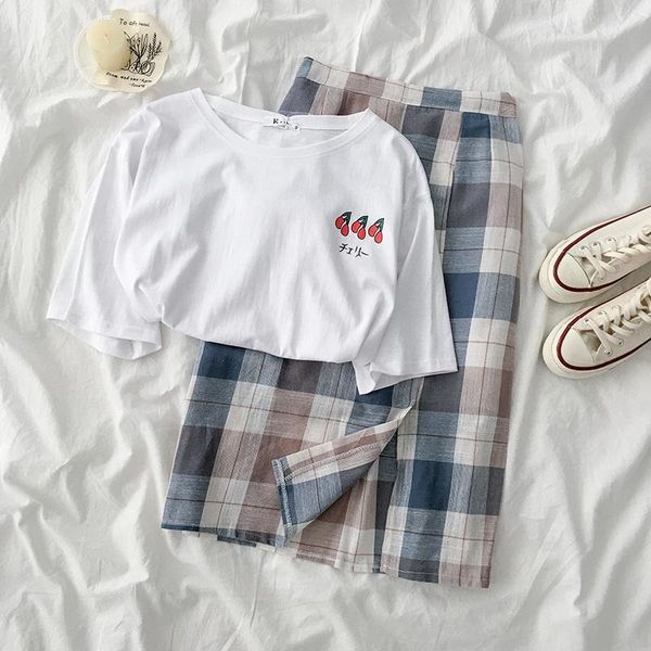 

summer sweet skirt set women white printing short sleeve t-shirt + high waist lattice a-line skirt matching set two pieces suit