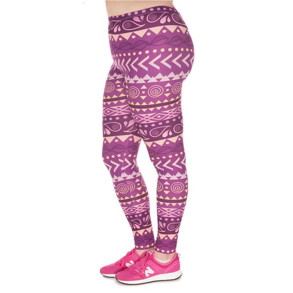 

large size leggings boho purple printed high waist leggins plus size trousers stretch pants for plump, Black