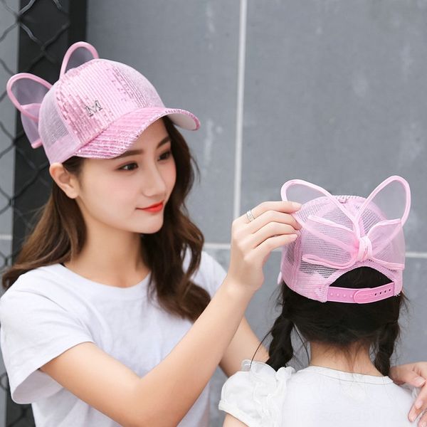 

fwmou children's peaked summer and autumn m-marked sequins rabbit ears pointed cap net baseball cap baseball girls' parent-child m, Yellow