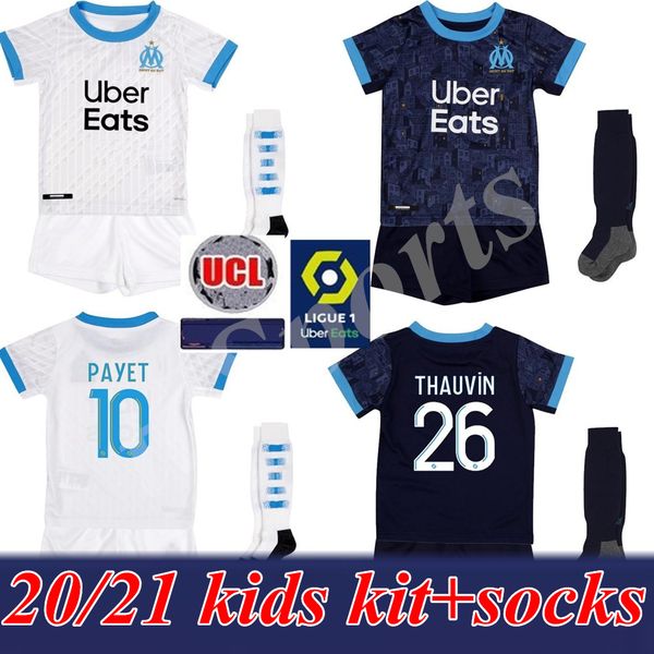 

2020 2021 марсель дети комплект олимпика 20 21 пайе maillots футбольных thauvin l.gustavo футбол джерси молодежные футбольные майки, Black
