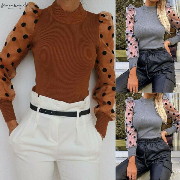 

elegant womens lady mesh sheer sleeve blouse polka dot puff sleeve polka dot shirts spring autumn slim ladies mock neck female, White
