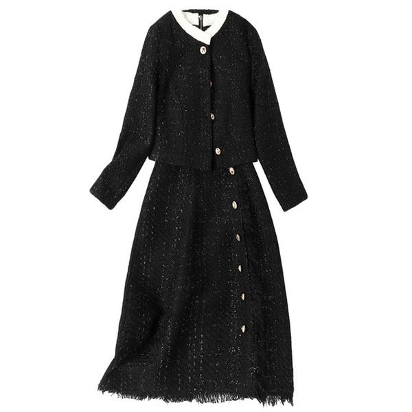 

tweed suits women 2020 winter wool blazer jacket elegant single breasted coat midi dress 2 piece set office lady outfits, White;black