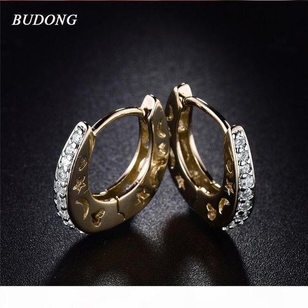 

wholesale- budong fashion silver gold color small moon star hoop earrings for women stone cz zirconia crystal wedding jewelry xue108, Golden;silver