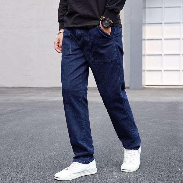 

men's jeans dark blue 2021 spring autumn loose straight denim pants male classic advanced stretch trousers plus size 44 46