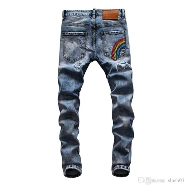 

2019 2020 fashion designer high-quality men's wear hole-breaking locomotive jeans slimming motorcycle jeans men's hip-hop men&#039, Blue