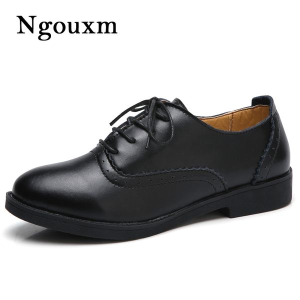 

ngouxm women genuine leather shoes autumn patent casual shoes woman quality lace up shinny beige flats retro women derby, Black