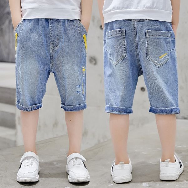 

2020 new korean style fashion contrast color big pocket mid-waist big boy boy's and jeans pants and jeans fifth pants, Blue