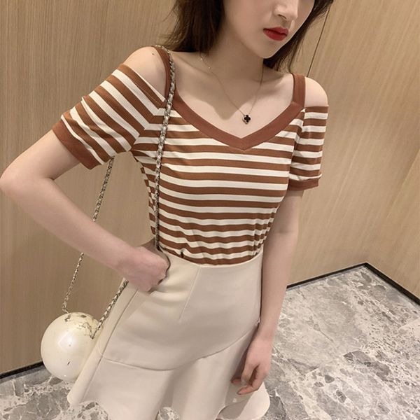 

women's t-shirt heliar women spaghetti 2021 summer strips v-collar knitting cotton ladies solid short sleeve tees, White