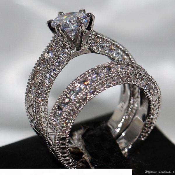

r retro jewelry lovers claw set 8mm z gem 14kt white gold filled 2 -in -1womens engagement wedding ring set for christmas gift sz 5, Slivery;golden
