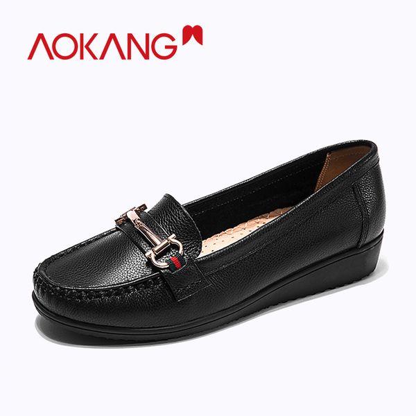 

aokang new arrival women shoes genuine leather flats slip on women's loafers soft comfortable female moccasins shoes woman, Black