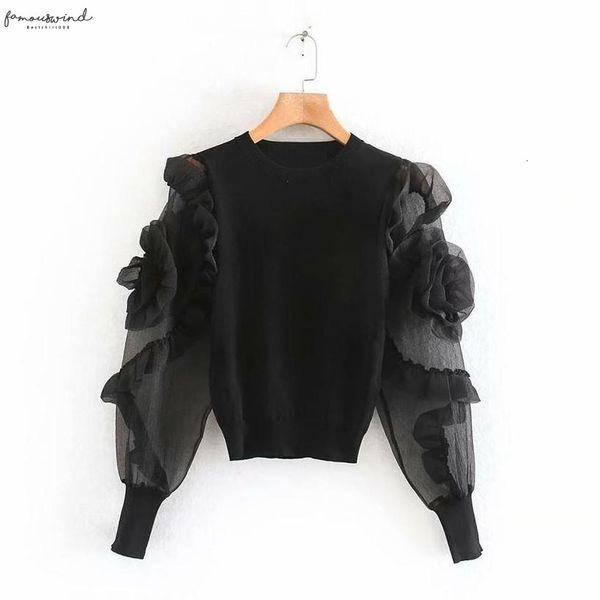 

plaid 2020 new women pleated ruffles flower appliques sleeve patchwork knitting blouses shirts women o neck basic blusas ls6105, White