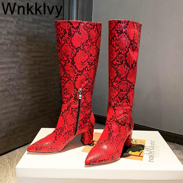 

boots knight long pointed toe snake pattern knee high women chunky heel genuine leather shoes 2021 runway botas, Black