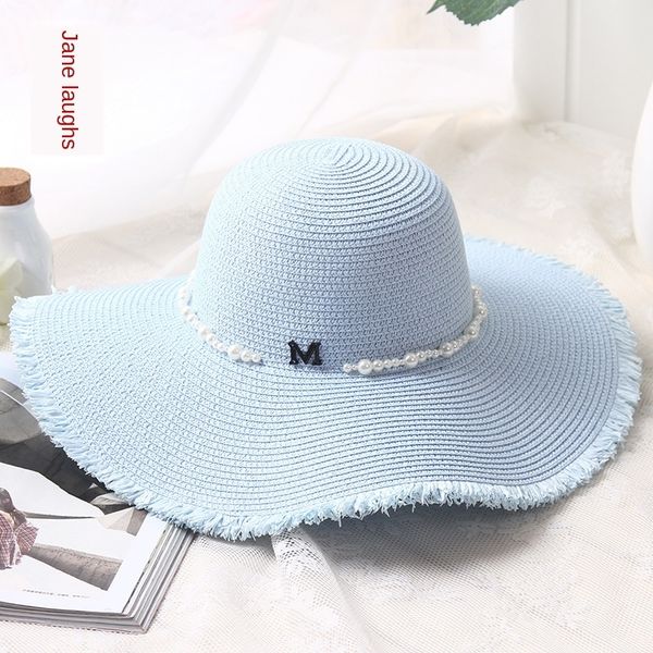 

season new straw sun shade women's sunscreen sun korean seaside holiday straw hat outdoor fashion large edge hat, Blue;gray