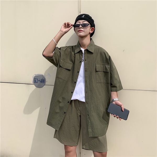 

2020 summer men's student leisure lovers black/green/beige color mens sets loose tracksuit short sleeve shirt+shorts suit -2xl, Gray