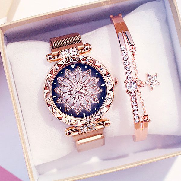 

women magnet buckle lucky flower watch luxury ladies rhinestone quartz watch bracelet set relogio feminino, Slivery;brown