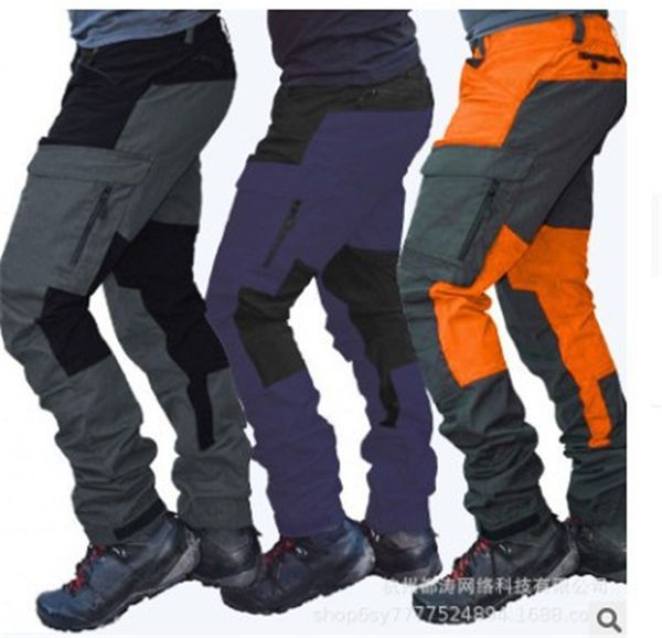 

fashion mens cargo pants casual slim contrast color multi pocket motocycle functional pants mens outdoor clothing, Black