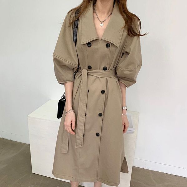 

women's trench coats [ewq] 2021 autumn jacket korean chic retro lapel double-breasted tie puff sleeve mid-length windbreaker women qb38, Tan;black