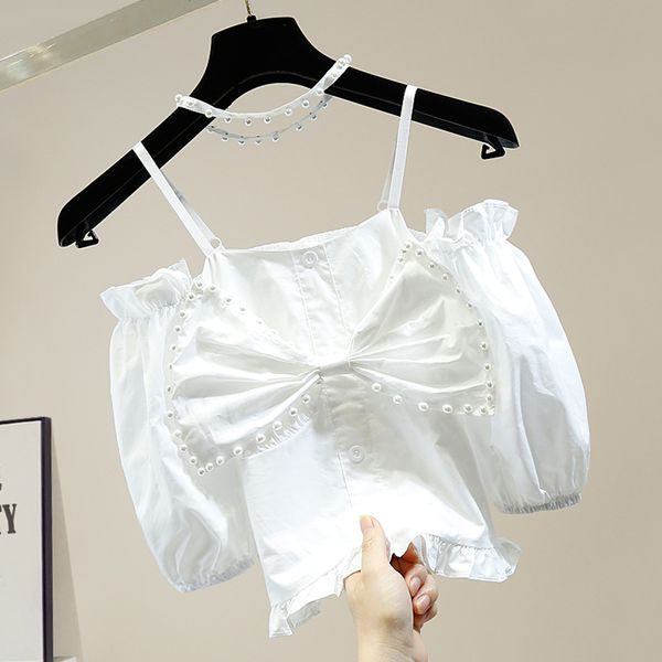 

for women heavy industry beaded bowknot decorative vintage puff sleeve sling slash neck off-shoulder shirts blouses, White