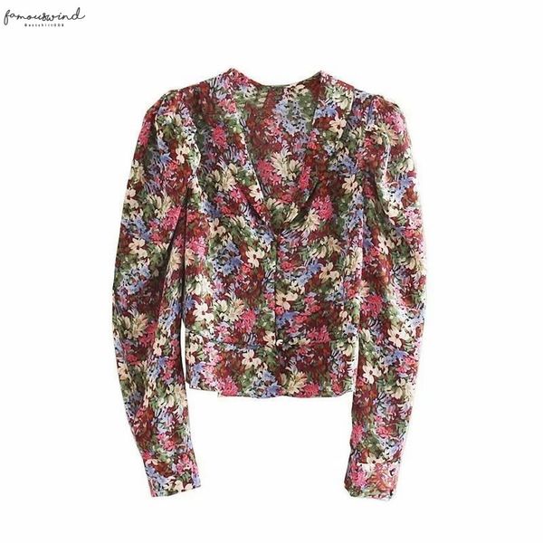 

new women vintage puff sleeve flower printing casual shirts blouses elegant ladies v neck roupas femininas chemise ls4506, White