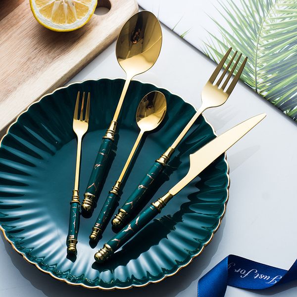 

5pcs ceramic tableware fork spoon knife set vintage cutlery set 304 stainless steel dinner dinnerware set green