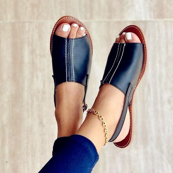 

new women casual flats sandals summer gladiator retro slip on sandals peep toe flock ladies party office shoes dropshipping, Black