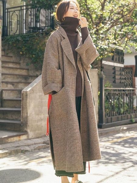 

wide-waisted long women woolen coat pockets plaid women's jacket casual elegant fashion patchwork cashmere coat and jacket, Black