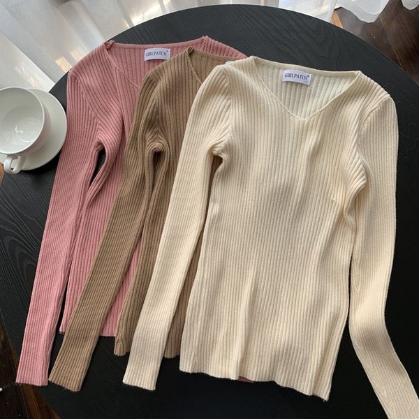 

2020 autumn winter women v-neck thin sweaters long sleeve knit sweater fashion clothing, White;black