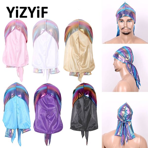 

extra long-tail hologram silky durag headwrap headwear bandana turban fashion hat for men women outdoor cycling hat headwraps, Black