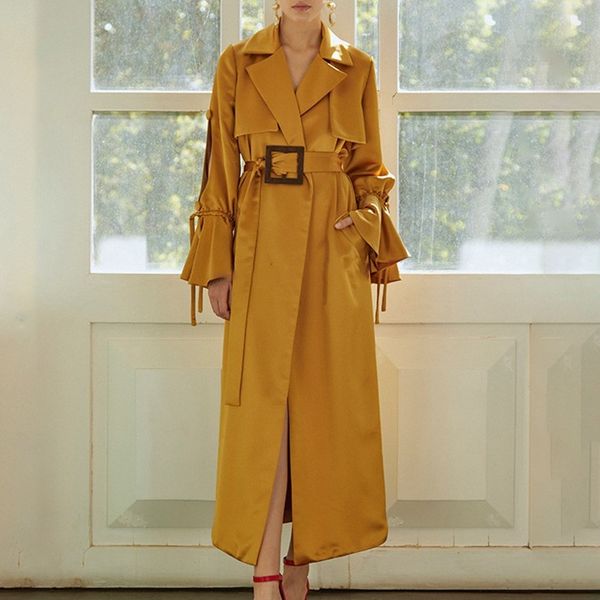 

bel0s 2020 spring new satin women's windbreaker fashion temperament british style straight tube temperament long sleeve belt all-match, Tan;black