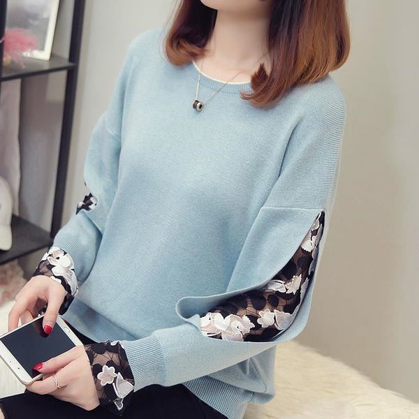 

women's sweaters lazy spring and autumn lace loose fake two-piece pullover round neck bottom knitted women, White;black