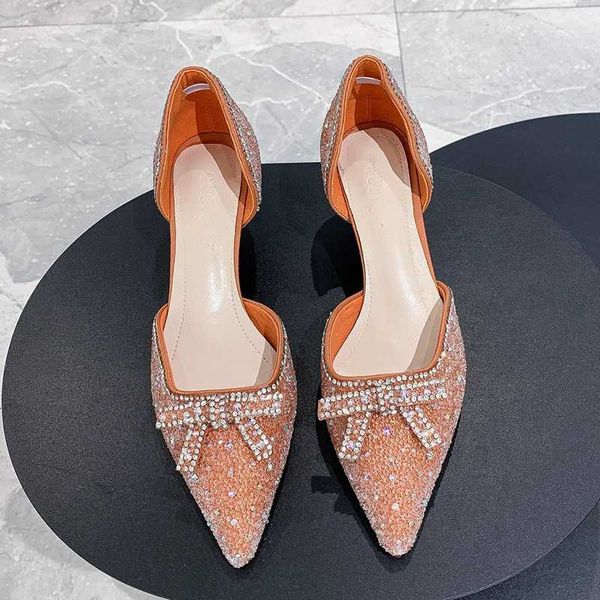 

rimocy elegant ladies crystal pumps for party wedding shining rhinestone bowtie med heels shoes woman pointed toe orange sandals, Black