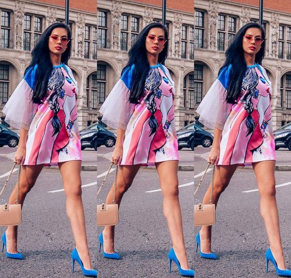 

summer 2020 new bell-sleeve cartoon ladies loose fashion trend dress, Red