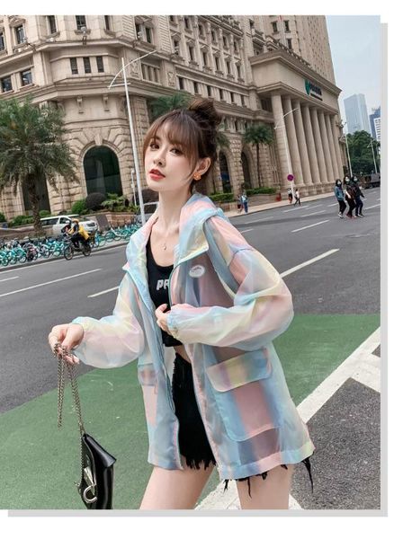 

2020 women summer windbreaker coat streetwear loose thin women sunscreen jacket long breathable korean kpop clothes, Tan;black