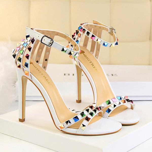 

european and american style roman style women's shoes fine heel super high heel open toe with hollow color rivet sandals, Black