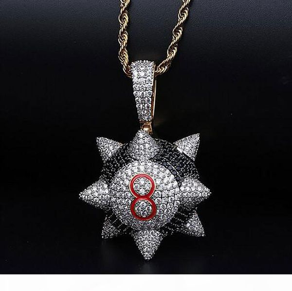 

14k gold plated 3ct round black and silver diamond mens numner-8 ball pendant micro pave cubic zirconi with 24inch rope chain