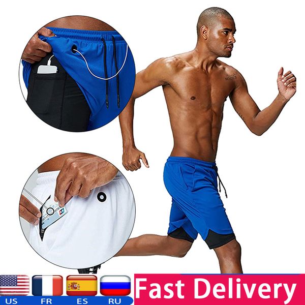 

2020 запуск шорты мужчины фитнес-центр обучение спортивные шорты quick dry workout gym sport беговая double deck встроенная карманы бедра, Black;blue