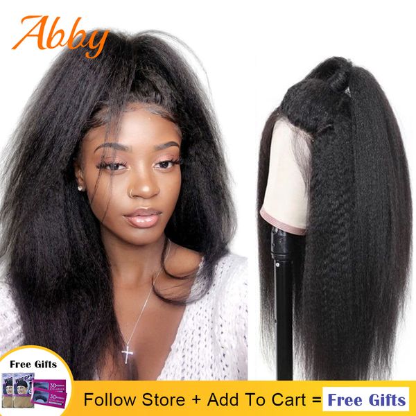 

Kinky Straight 360 Lace Front Human Hair Wigs 150% Density Mongolian Yaki Human Hair Lace Frontal Wigs For Black Women Abby Wigs, Natural color