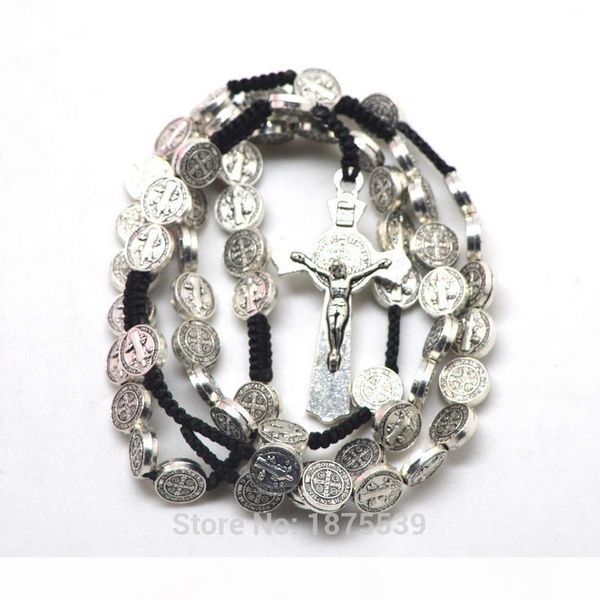 

fashion st benedict rosary necklace black rope alloy beads woven rosaries, Silver
