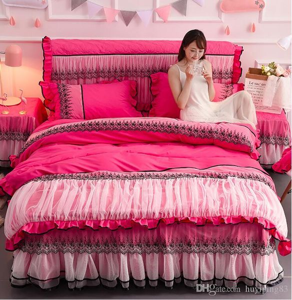 

rose red lace bedspread bed skirt cotton romantic princess duvet cover set bedsheet pillowcases wedding bedding set king  size