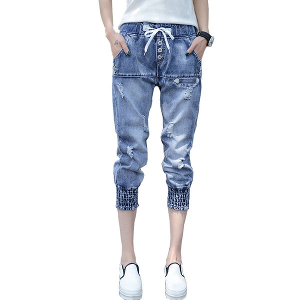 

high waist women capris jeans 2020 summer women's trousers female capri pants casual ripped hole harem jeans pantalon femme, Blue
