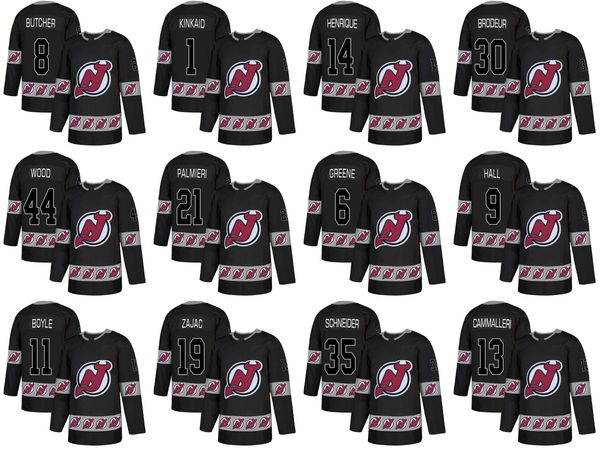 

new jersey devils taylor hall nico hischier kyle palmieri miles wood brian boyle keith kinkaid fashion team logos hockey jerseys, Black;red