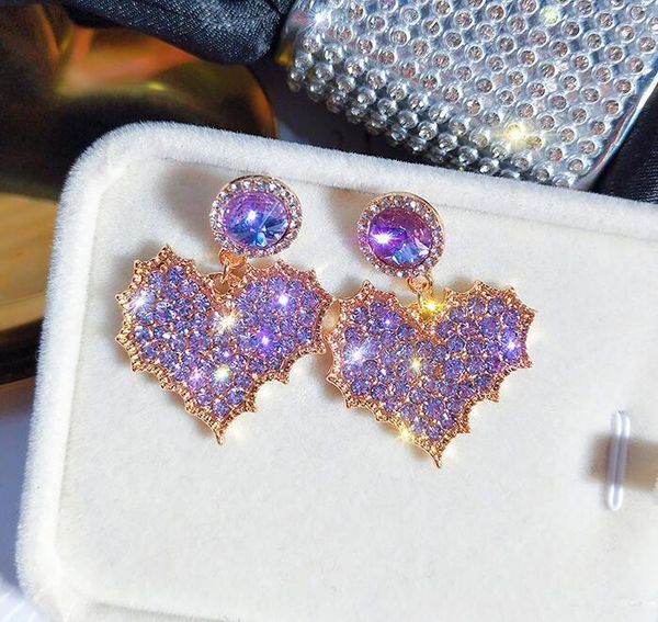 

2020 fashion designer stud earrings sweet heart purple crystal shining earrings s925 needle 18k gold alloy cz diamond earring, Golden;silver