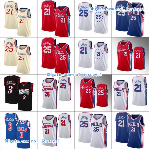 

philadelphia 76ers men joel embiid ben simmons allen iverson 1996-97 anniversary nba royal jersey, Black
