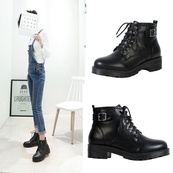 

women 2020 new mesh red versatile boots british style lace up leather waterproof platform autumn and winter short boots, Black